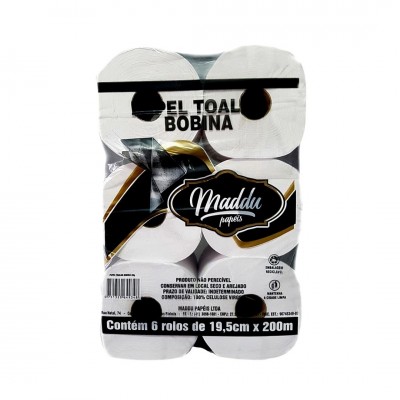 18221 - toalha papel bobina Maddu 6 rolos x 200mt x 20cm 100% 25/26gr