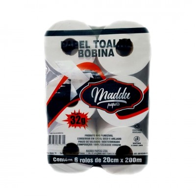 18222 - toalha papel bobina Maddu 6 rolos x 200mt x 20cm 100% 30gr